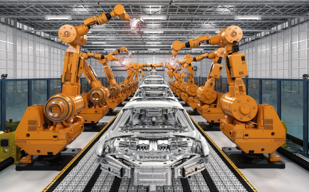 Industrieroboter an einer Produktionsstraße in der Automobilindustrie