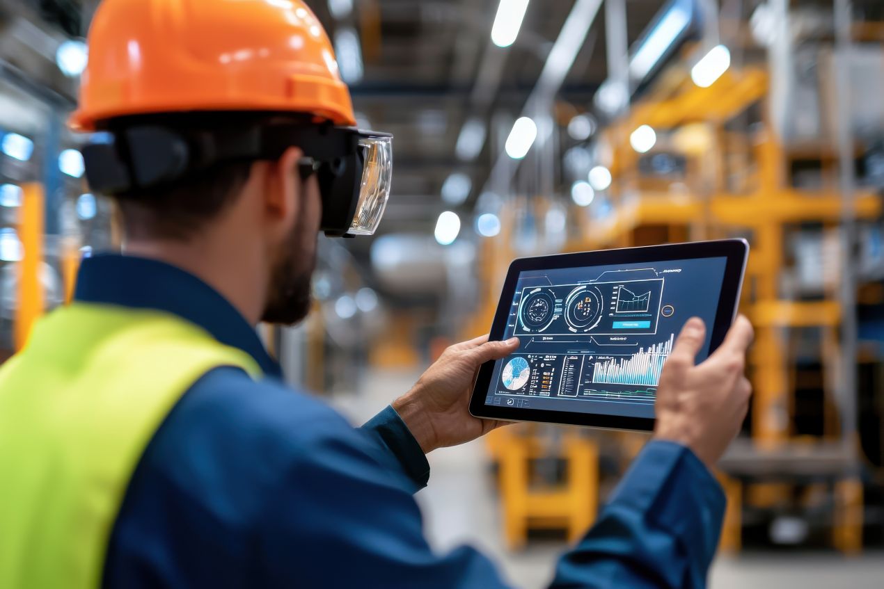 Ingenieur analysiert Daten zur Schnellkupplung auf Tablet in digitalisierter Produktionshalle