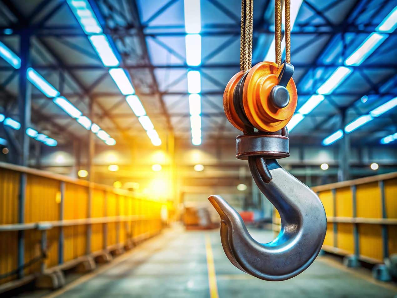 Schwerer Haken eines Elektrokettenzugs in einer hellen, modernen Industriehalle mit gelben Sicherheitsgeländern