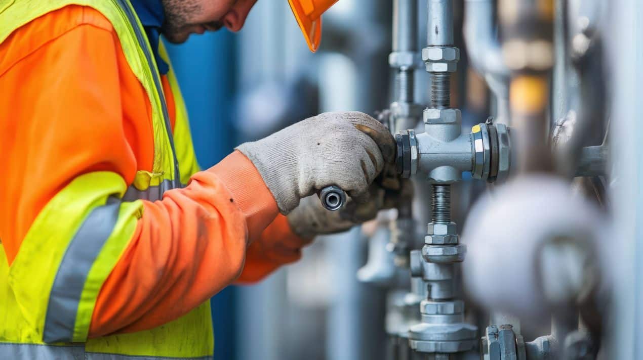Arbeiter montiert Schnellkupplung an Rohrsystem in industrieller Umgebung