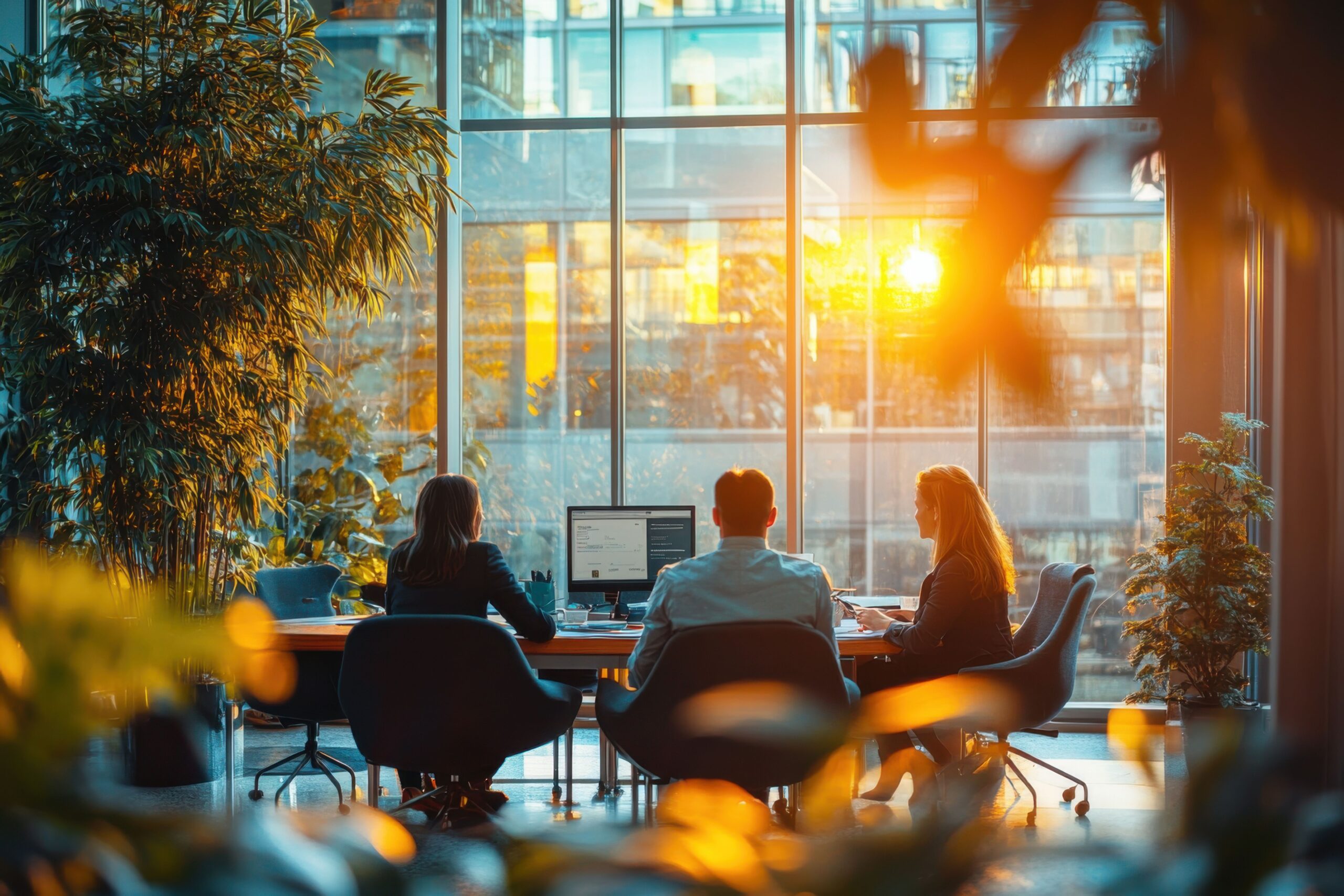Arbeitsbereich mit Raumteilern, Sonnenlicht und Pflanzen als Gestaltungselement zur positiven Raumwirkung