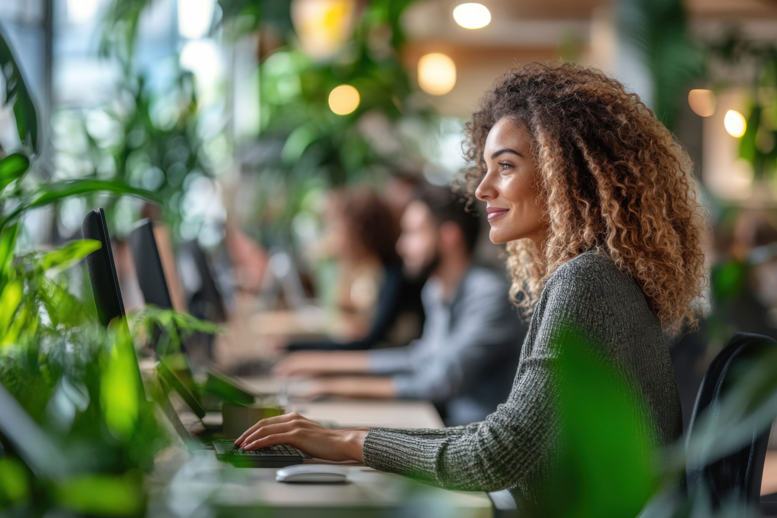 Arbeitsplatz mit Raumteilern, strukturierter Anordnung und Pflanzen zur Zonierung im modernen Büro