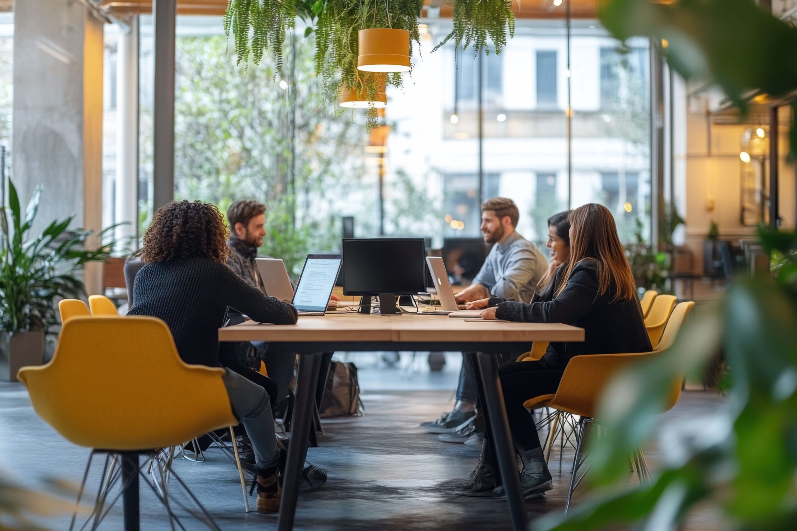 Offenes Büro mit Raumteilern, strukturierter Arbeitsfläche, Pflanzen und Teamarbeit an Gemeinschaftstisch