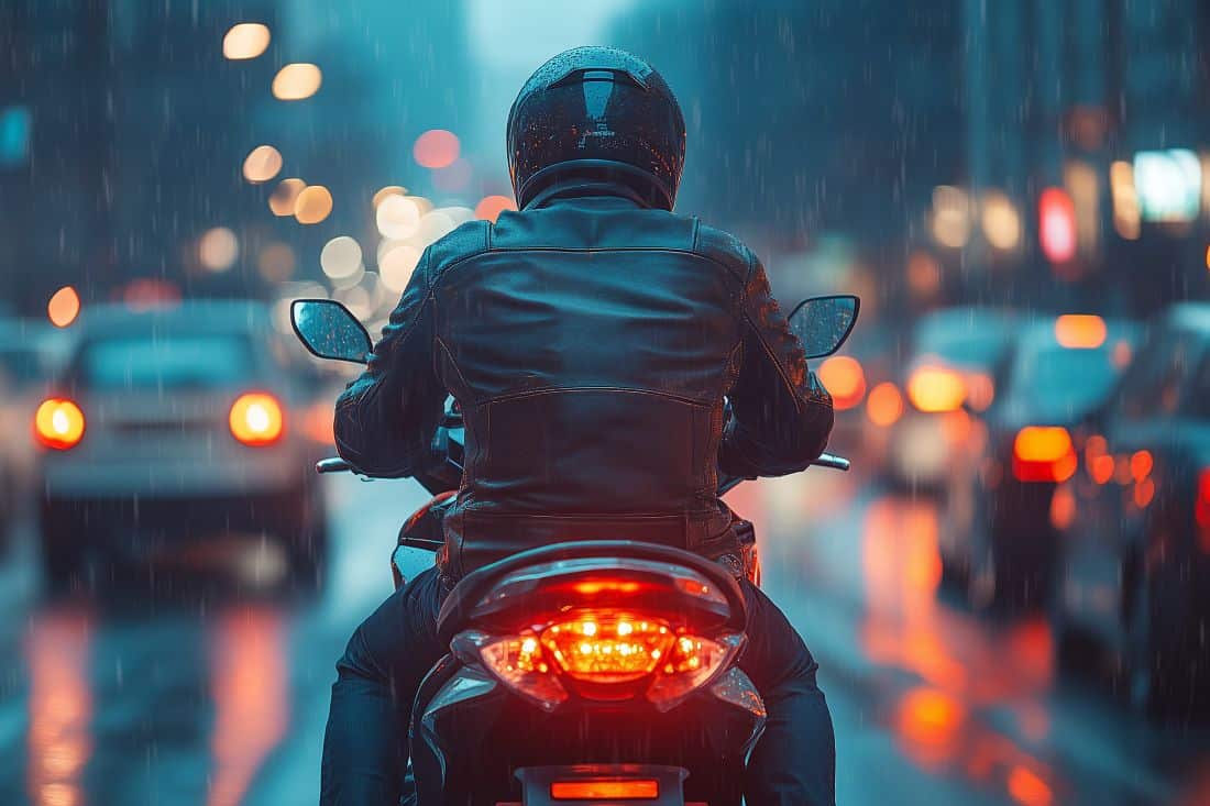 motorradfahrer im regen mit schutzkleidung im stadtverkehr unterwegs zur arbeit