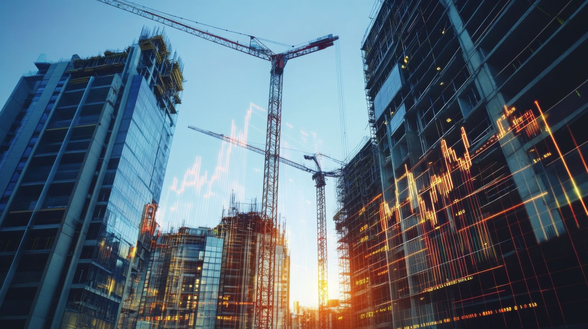 Hochhäuser mit Baukränen im Sonnenlicht, symbolisch für Infrastruktur und urbane Entwicklung