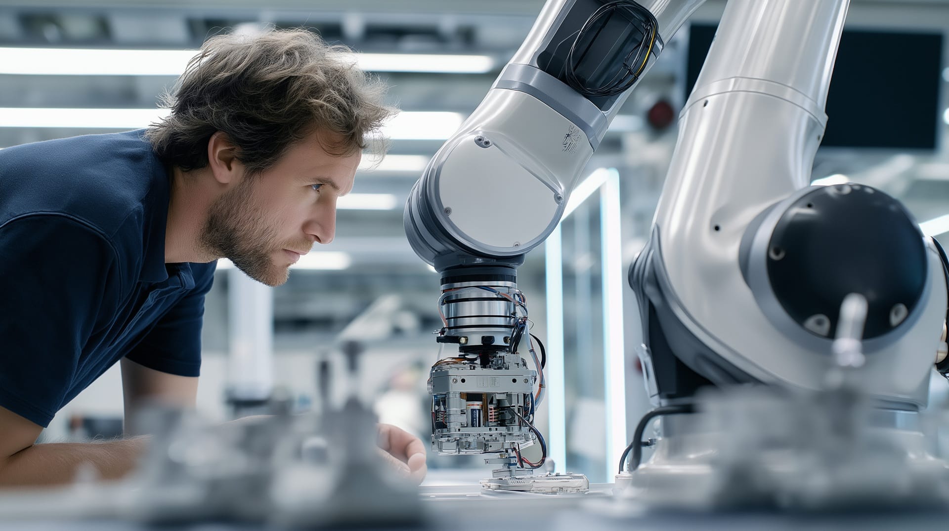 Mitarbeiter prüft Industrieroboter | Lohnabrechnung Outsourcing