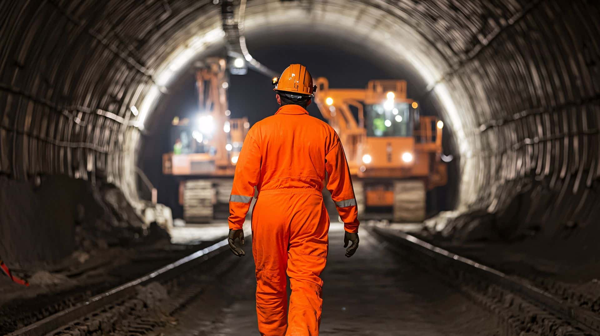 Arbeiter in orangem Overall geht durch beleuchteten Tunnel, im Hintergrund Bagger bei Tiefbauarbeiten