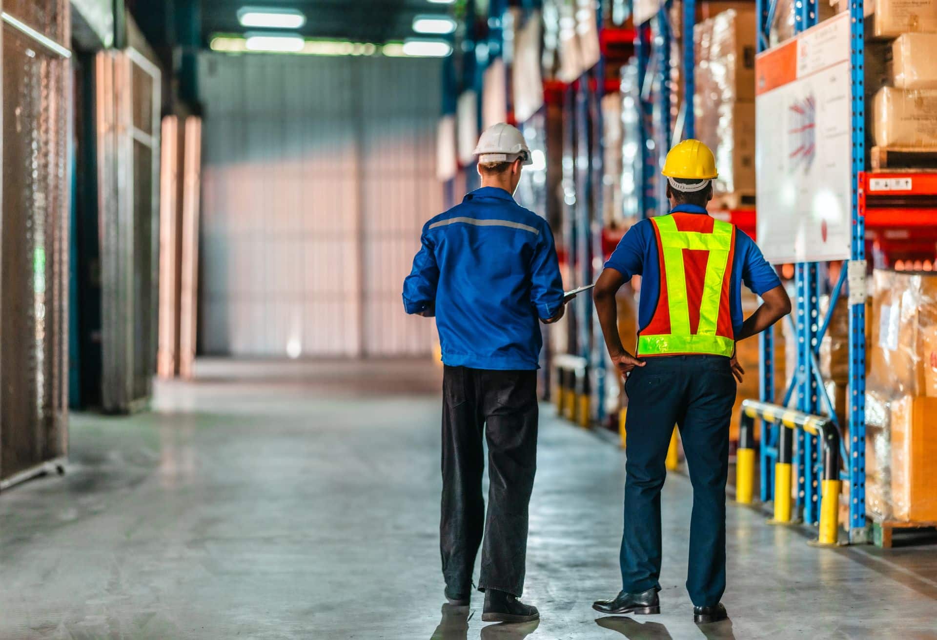 Zwei Lagerarbeiter gehen durch ein Industriehochregallager