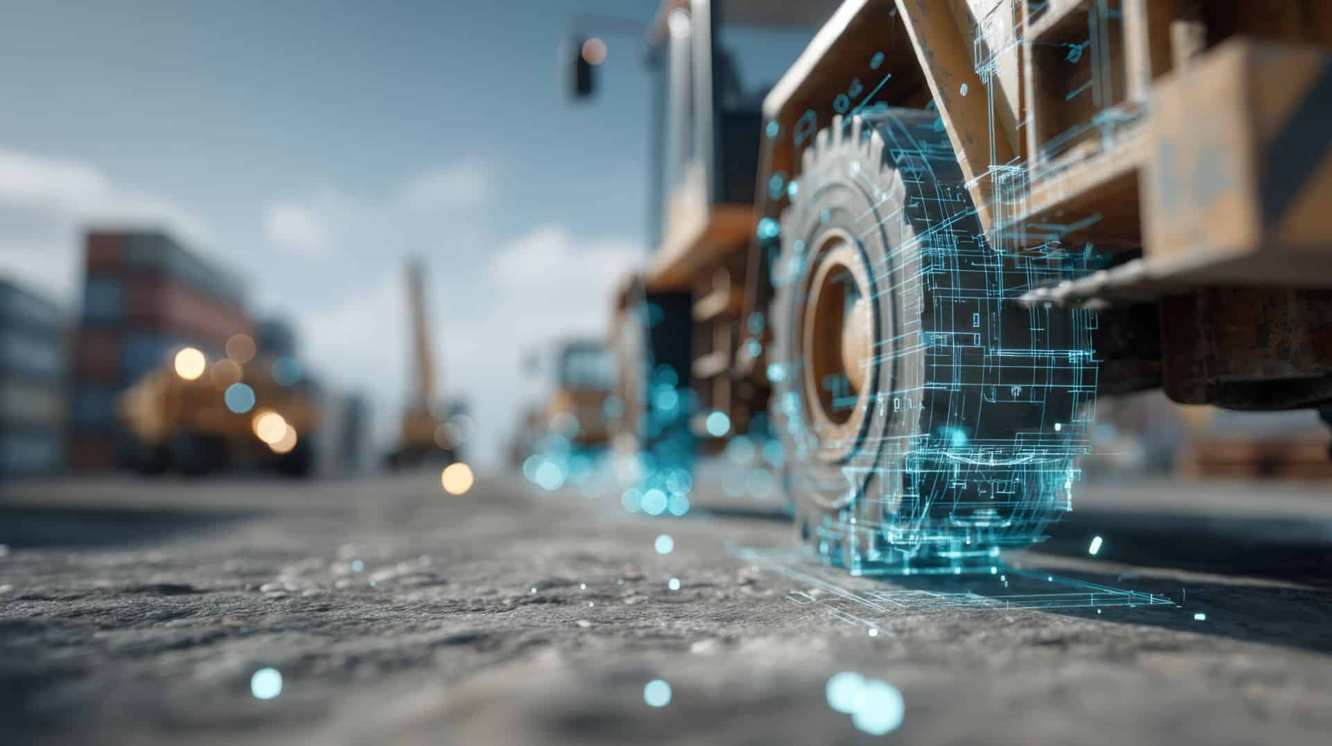 Digitale Darstellung eines Baumaschinenrads – Symbol für moderne Neigungssensoren in der automatisierten Maschinensteuerung