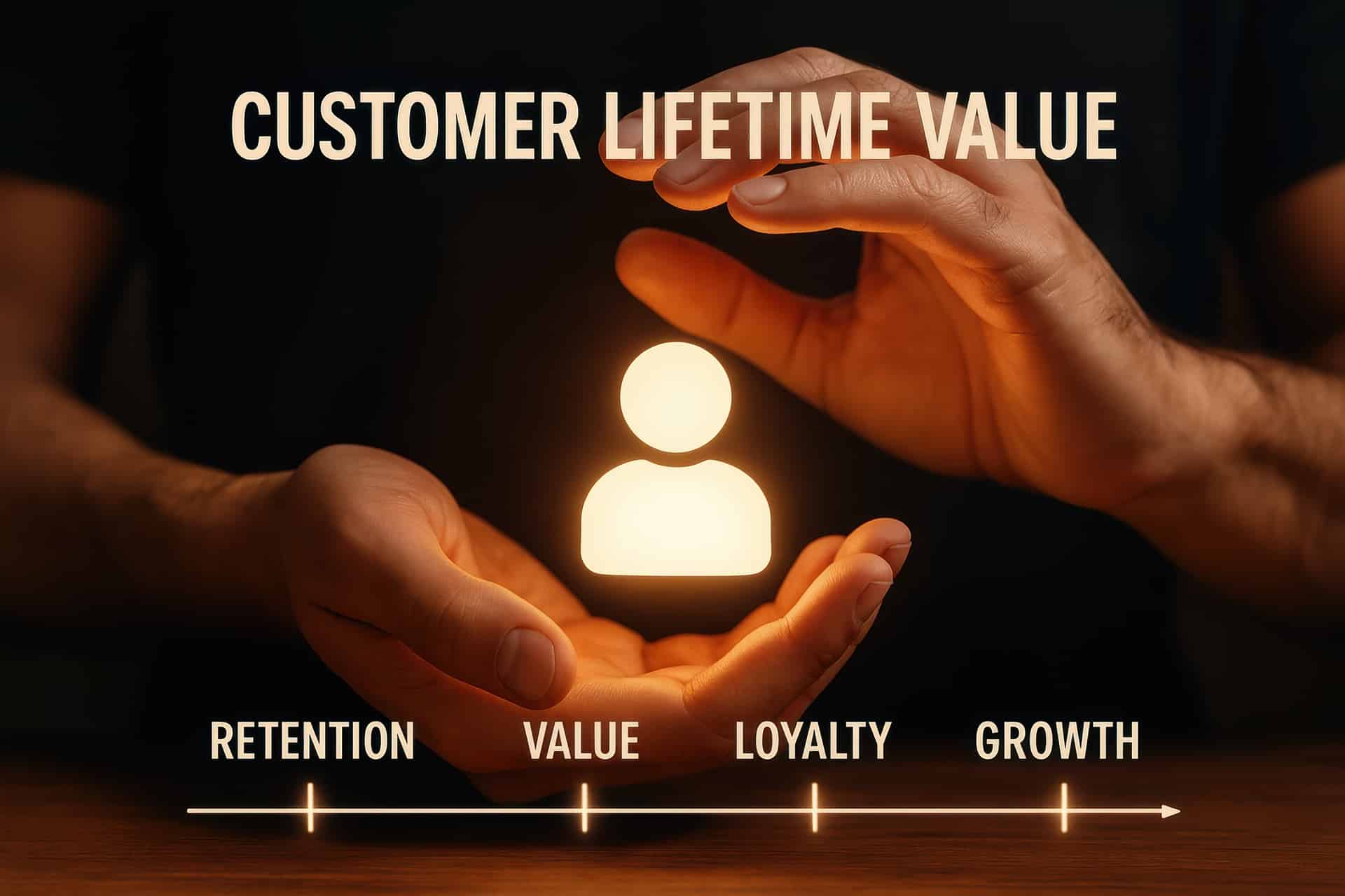 Hände halten leuchtendes Symbol für Kundenbindung und Wert | Messetisch